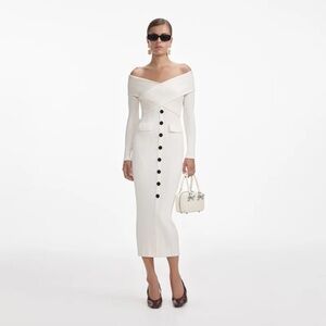 Self-Portrait Cream Ribbed Off Shoulder Knit Midi Dress Size Large